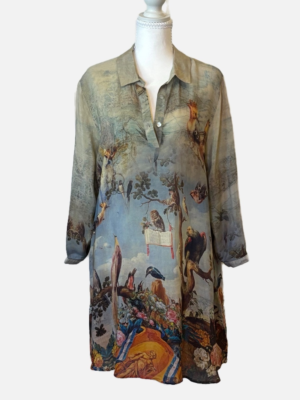 Girard Vintage 100% Silk Tunic Dress Semi-Sheer Nature Print Art-to-Wear Size 4